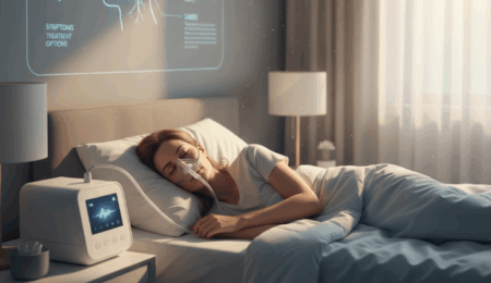 Sleep Apnea: Causes, Symptoms, and Treatment Woman on bed with cpap machine on face - AI Generated image
