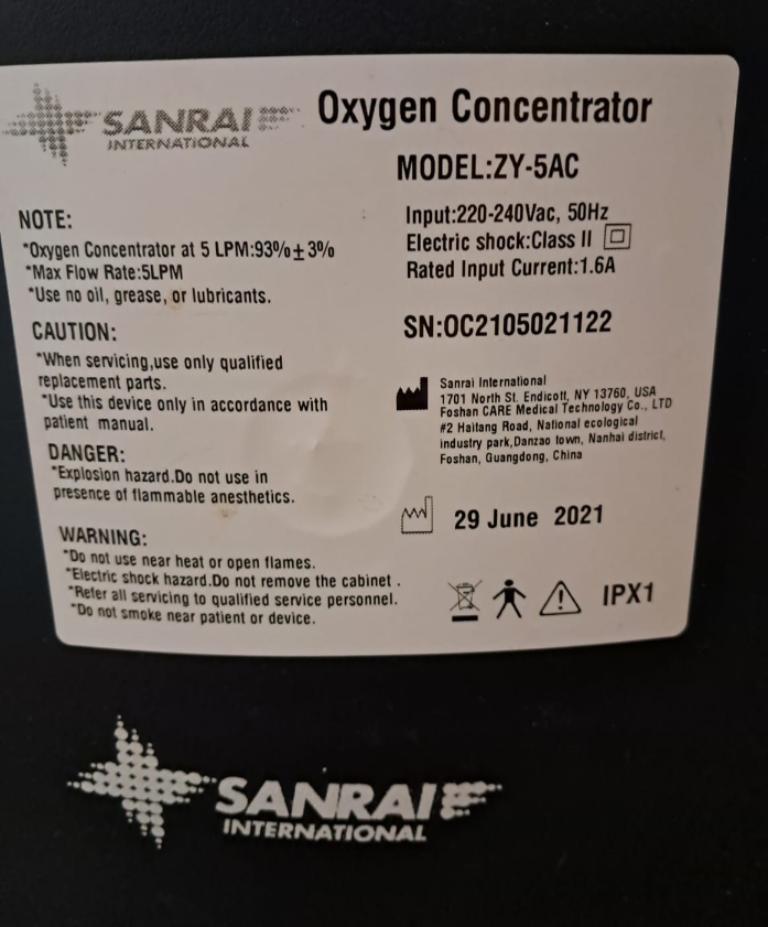 Sanrai oxygen concentrator model ZY-5AC